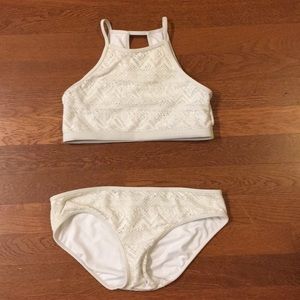 White lace halter 2 piece bathing suit
